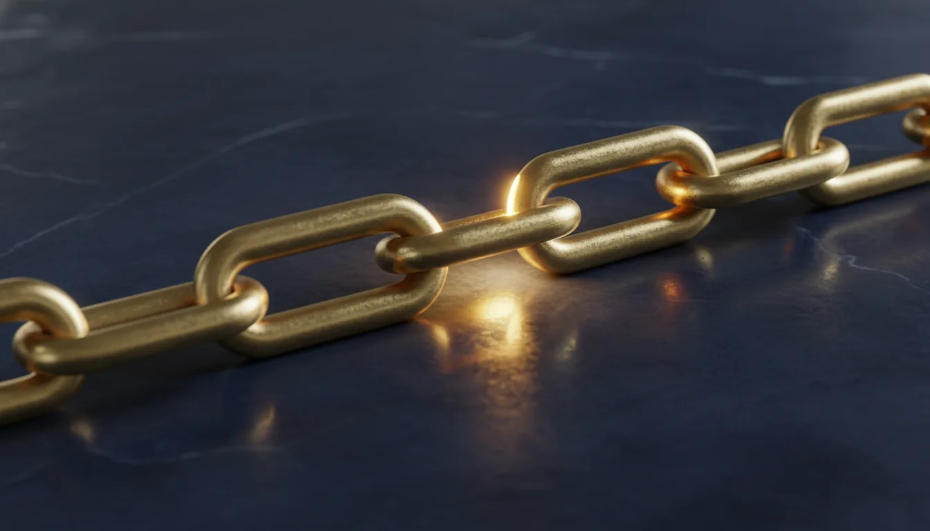 Brass chain links being separated on navy marble desk &mdash; visual metaphor for decoupling jointly-owned Singapore property