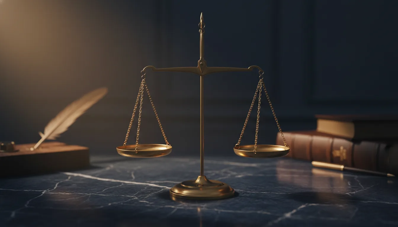 Brass antique balance scale on polished navy marble desk &mdash; joint tenancy vs tenancy-in-common Singapore property ownership 2026