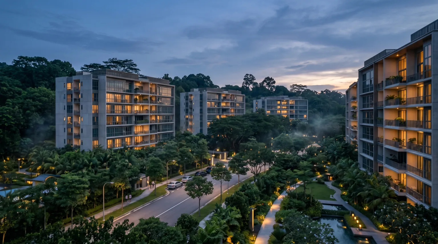 Leafy Lentor residential estate in District 26 Singapore at twilight, low-rise condominium blocks set among mature rain trees and greenery