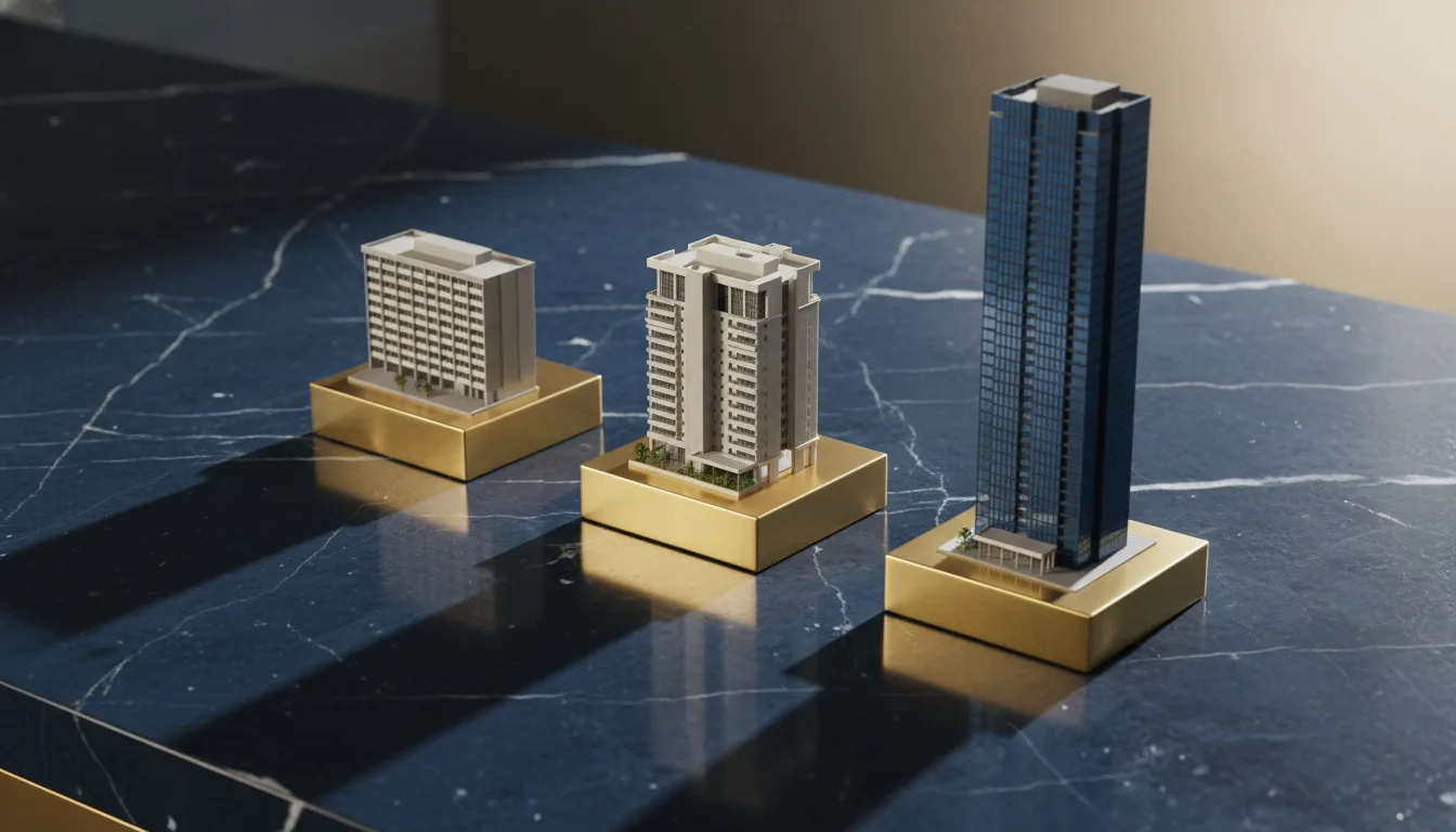 Three architectural models on navy marble desk &mdash; HDB block, Executive Condominium and private condo tower side by side on brass plinths