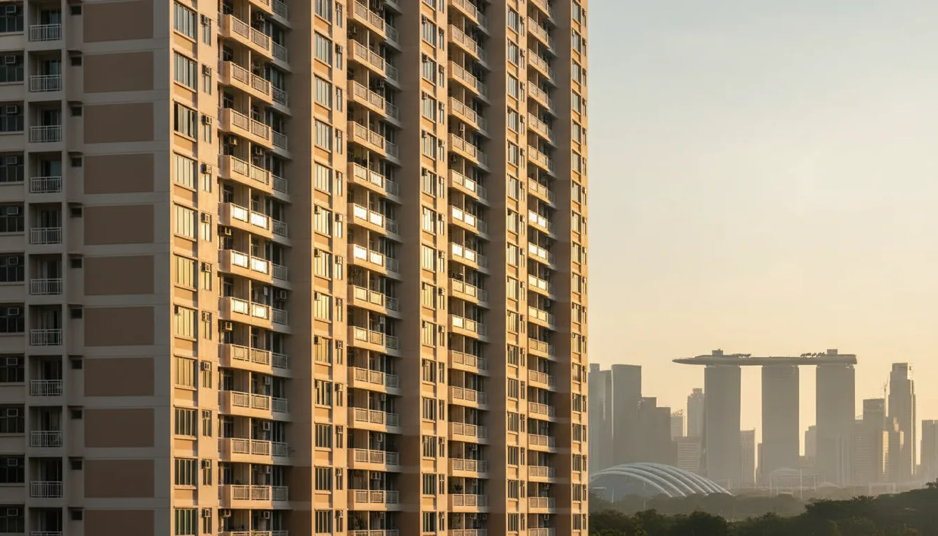Premium mature-estate Singapore HDB block at golden hour with the CBD skyline silhouette in the distance &mdash; $1 million HDB flats Singapore 2026