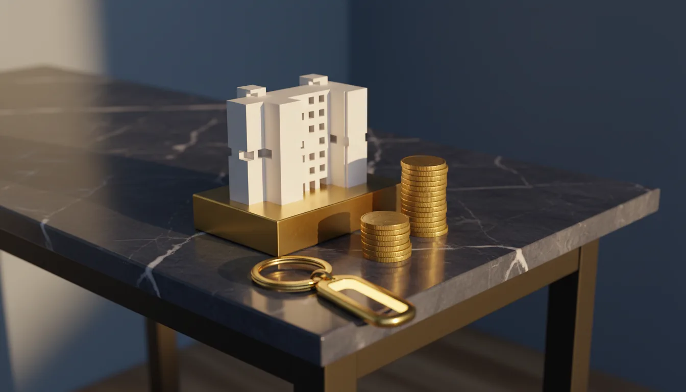 Architectural model of Singapore HDB block on a brass plinth with stack of gold coins and brass keyring &mdash; premium central HDB buyer profile