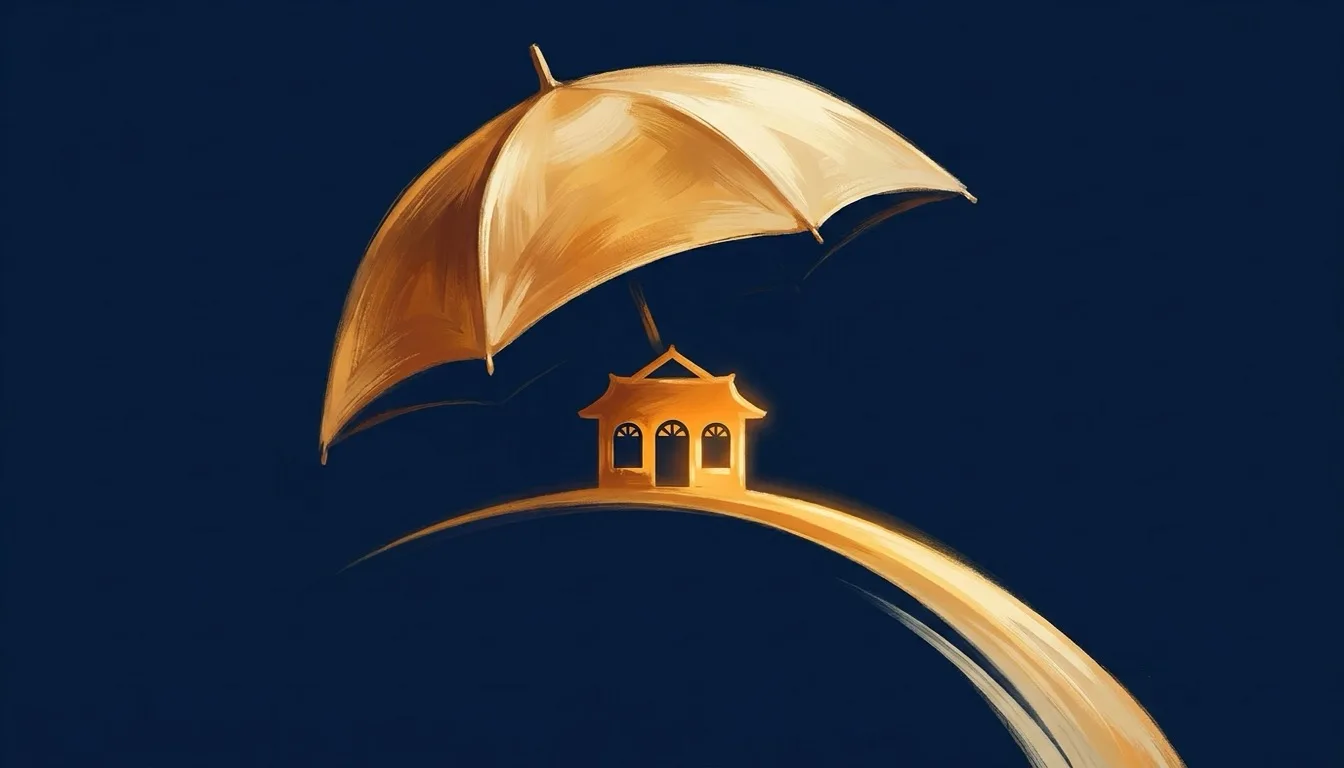 Umbrella sheltering a Singapore home silhouette with an amortising loan curve beneath, symbolising mortgage insurance choices