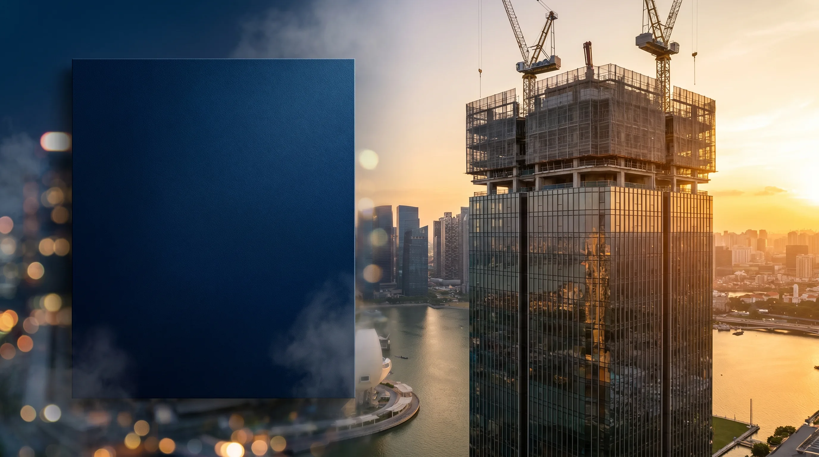 Brand new luxury Singapore condominium under construction at golden hour with industrial cranes and Marina Bay skyline — new launch financing 2026
