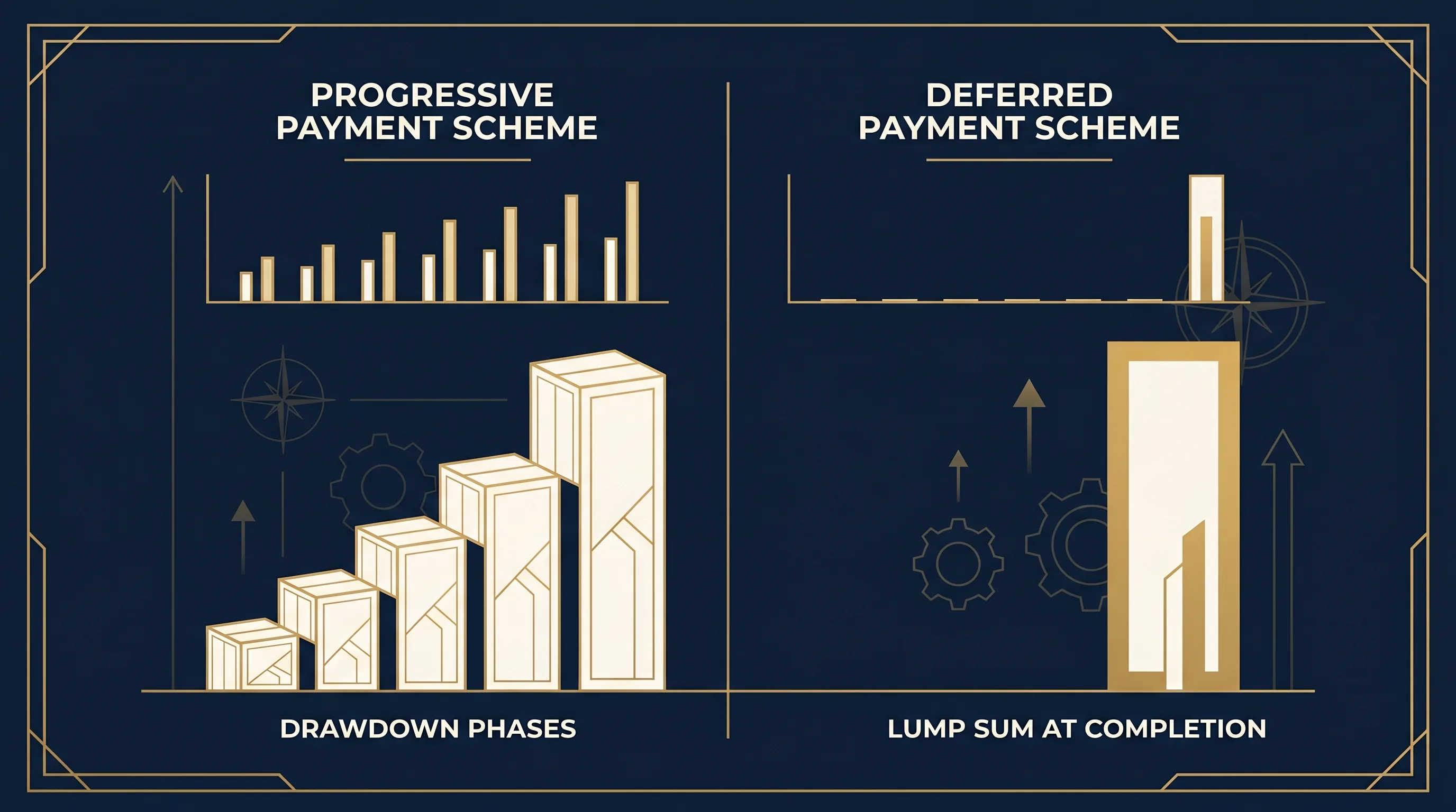 Side-by-side comparison of Progressive Payment Scheme drawdowns vs Deferred Payment Scheme lump sum — Singapore new launch financing structures