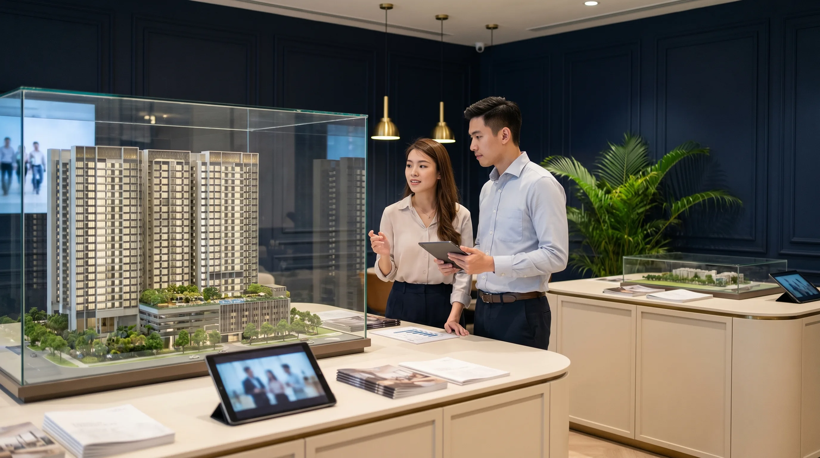 Singapore couple at a new launch condo developer showflat sales gallery viewing architectural model and financial documents — new launch IPA decision moment