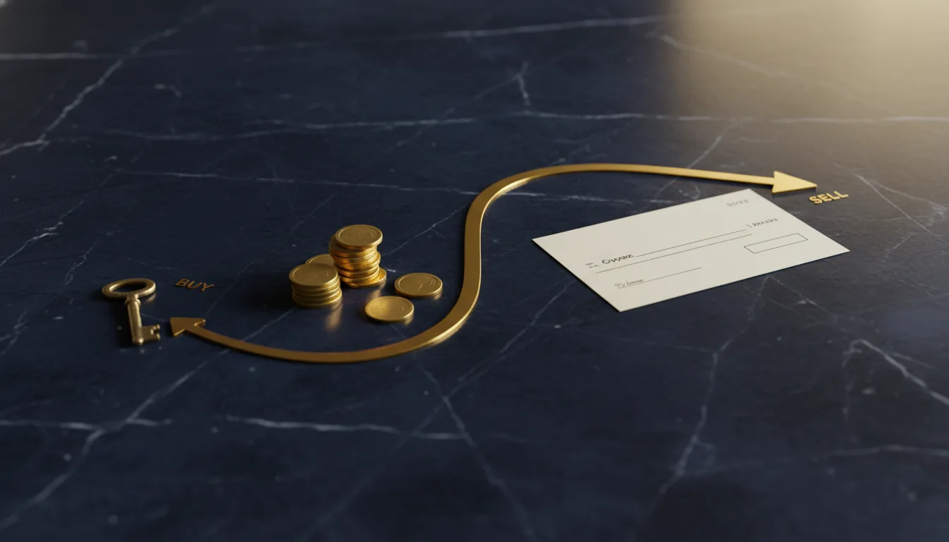 Curved gold arrow on navy marble desk depicting Singapore property ownership cycle &mdash; key buy stack own cheque sell