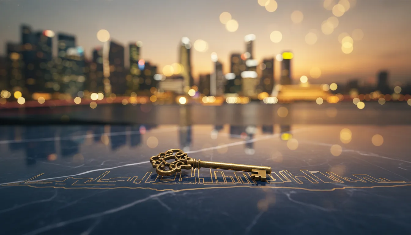 Single brass key on polished navy marble desk with Singapore skyline silhouette etched in gold leaf and bokeh of city lights at golden hour &mdash; Complete Singapore Mortgage Guide 2026