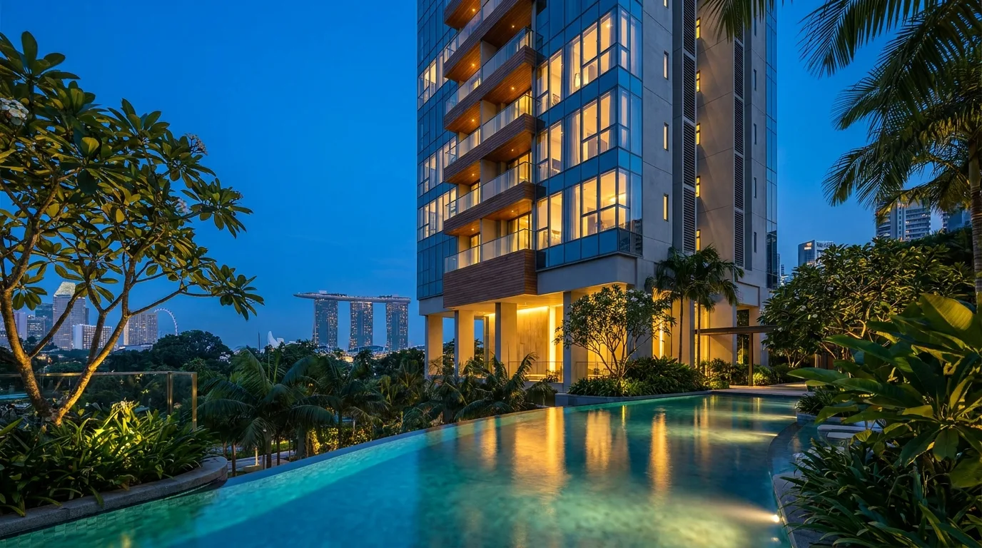 A modern Singapore city-fringe condominium at blue hour with a landscaped infinity pool