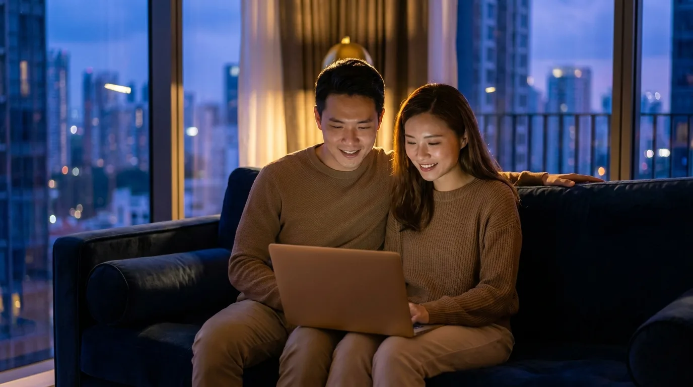 A young Singapore couple reviewing their refinanced home loan on a laptop in a city-fringe condominium at blue hour