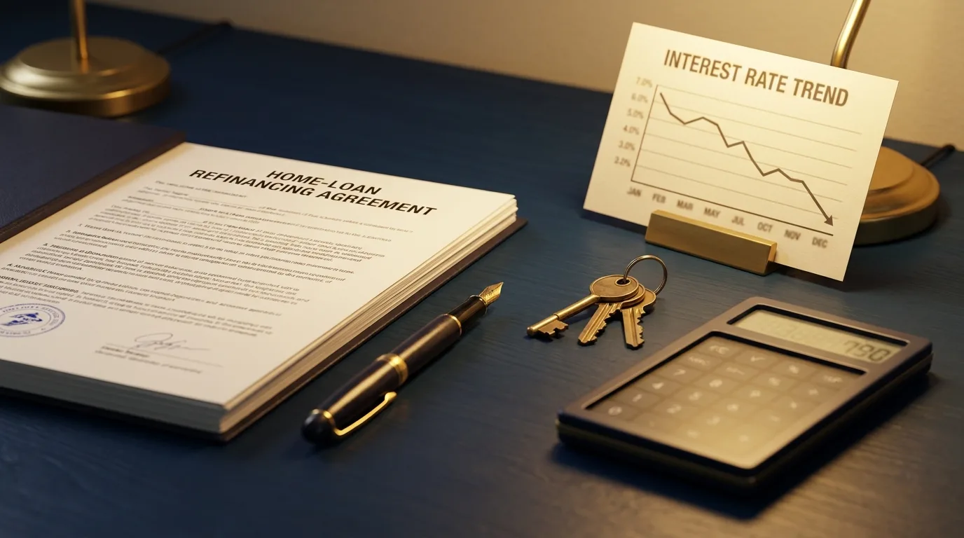 A home-loan refinancing agreement, fountain pen, brass keys, calculator and a chart showing a falling interest rate on a navy desk