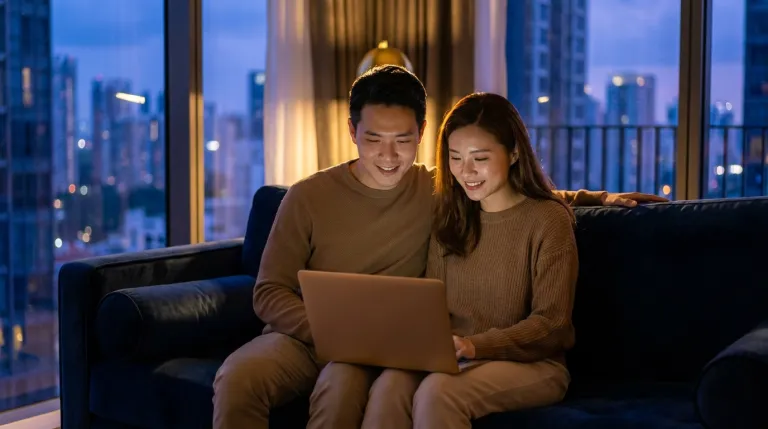 A young Singapore couple reviewing their refinanced home loan on a laptop in a city-fringe condominium at blue hour