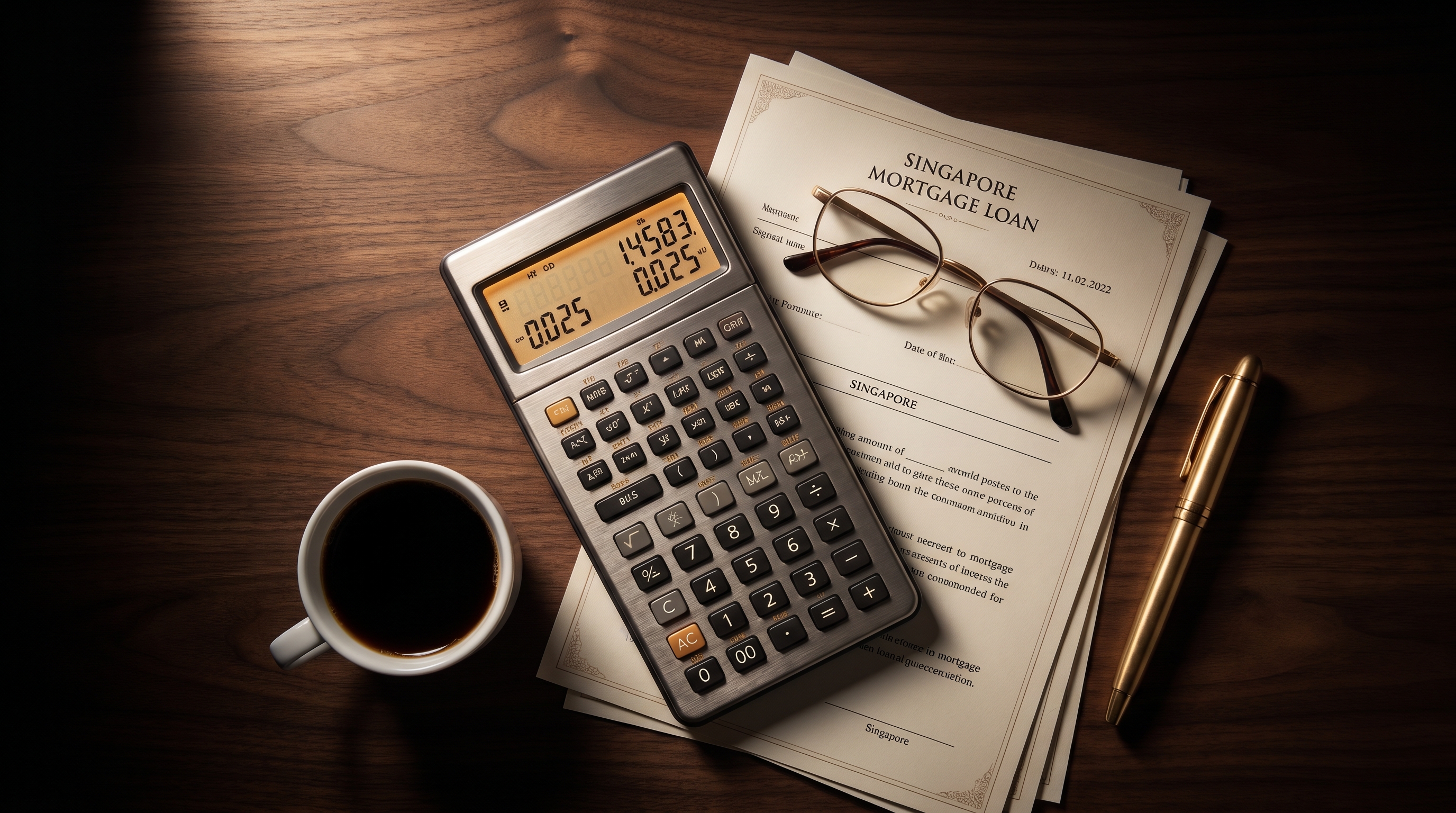 Brushed-steel financial calculator with mortgage paperwork, gold-rimmed glasses, fountain pen and coffee on dark walnut desk &mdash; representing the 2026 refinance window for Singapore homeowners
