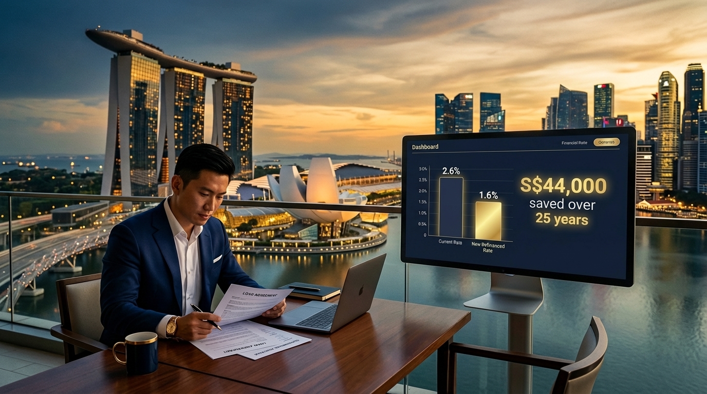 Bar chart comparing monthly savings from refinancing at different rate differentials for Singapore private property 2026