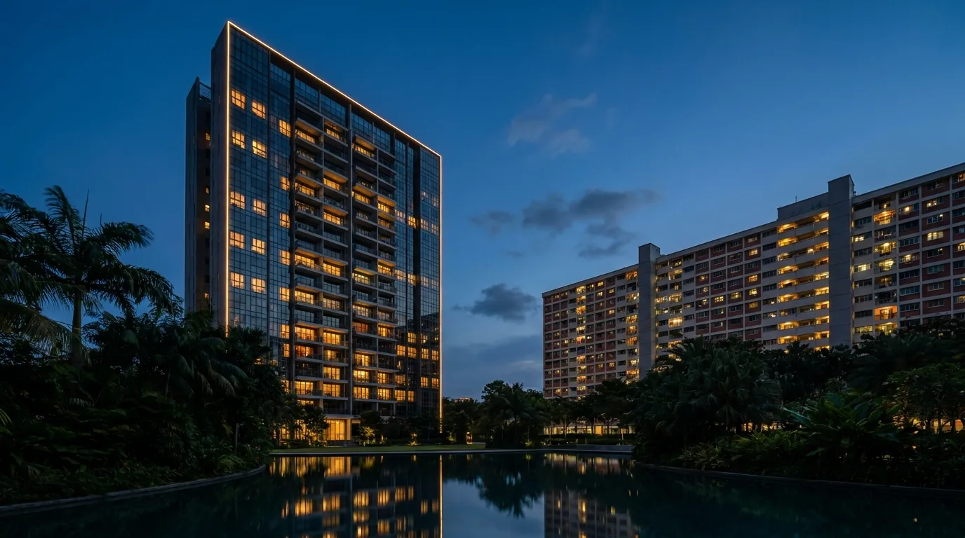 A Singapore condominium and HDB block at dusk — reprice versus refinance home loan comparison