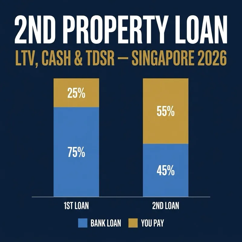 Stacked bar chart comparing funding of a first versus second Singapore property loan — 75% bank loan falling to 45%, with the buyer covering 55%