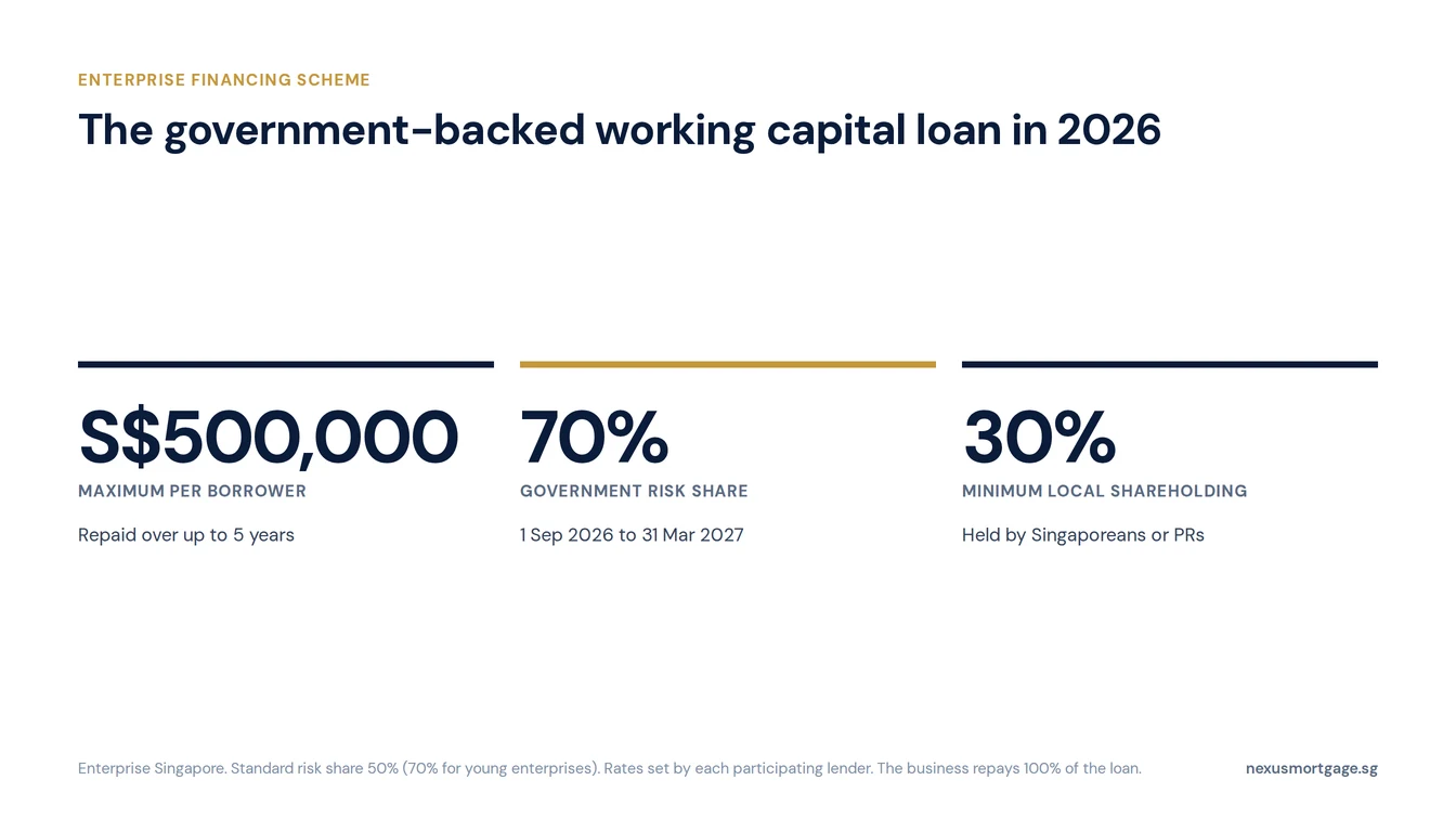 EFS SME working capital loan terms: up to S$500,000 over five years, 70% government risk share until 31 March 2027, 30% local shareholding required