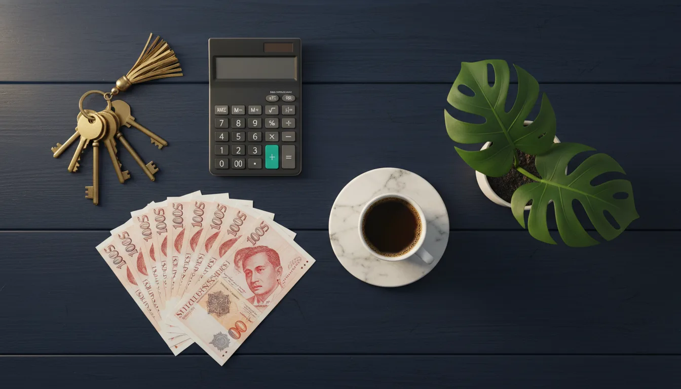 Editorial flat lay on dark navy desk with brushed brass keys, a calculator, neat stacks of Singapore dollar banknotes and a marble coaster with espresso