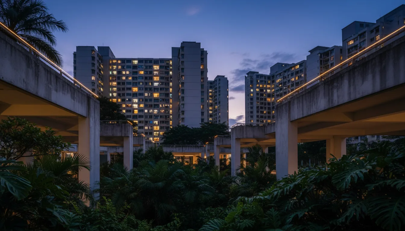 Mature Singapore HDB neighborhood at twilight with warm amber-lit windows against a deep navy dusk sky and tropical landscaping in the foreground