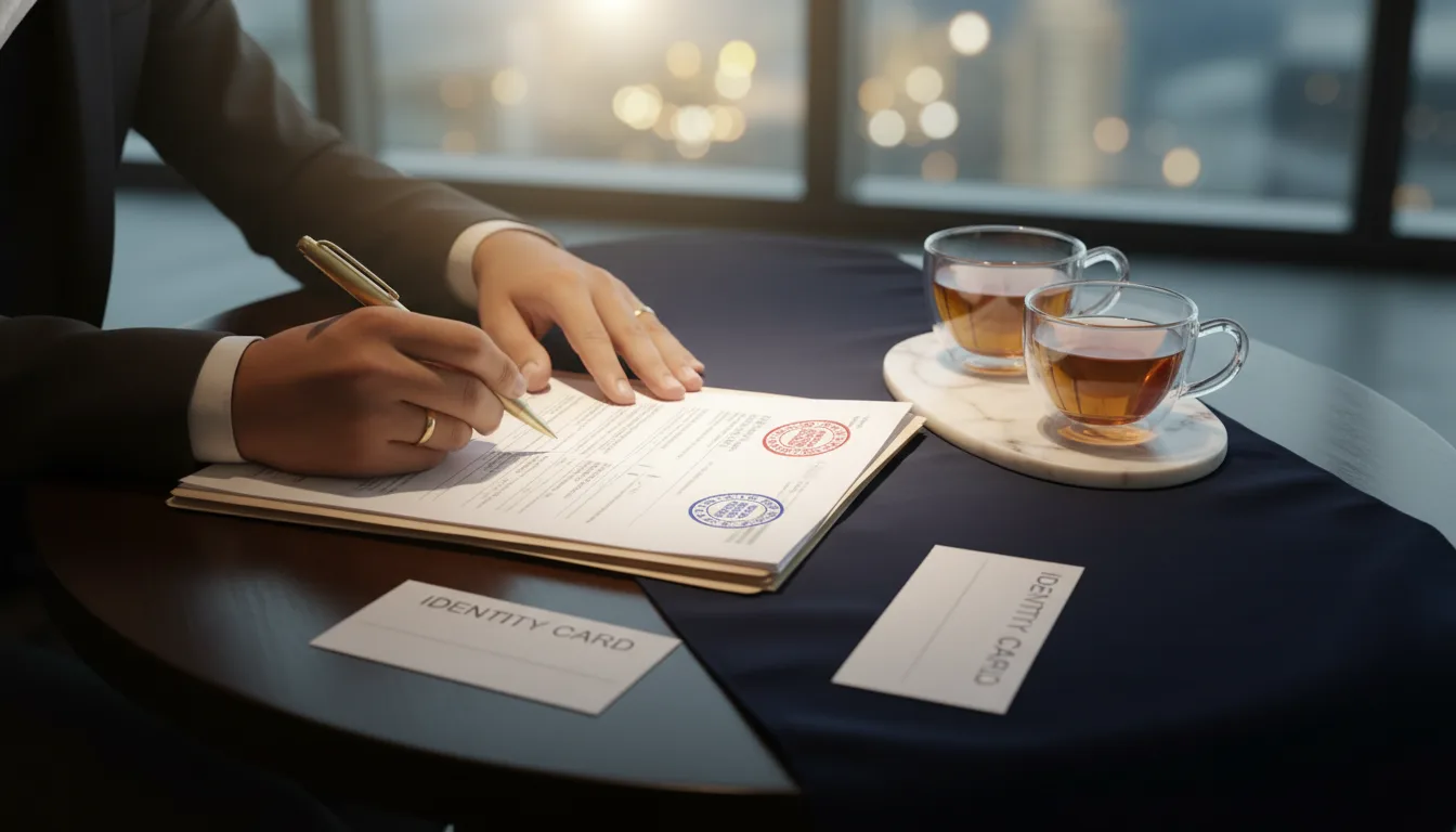 Hands signing Singapore residential property documents on a dark wooden table with brushed gold pen, rubber stamps and tea cups under warm spotlight