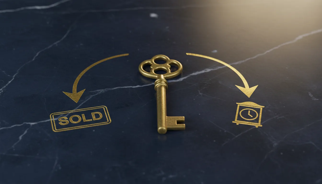 Brass key resting at the centre of a navy marble desk with two diverging gold-leaf arrows etched into the surface &mdash; one pointing to a SOLD sign and the other to a small clock, representing the hold-versus-sell decision