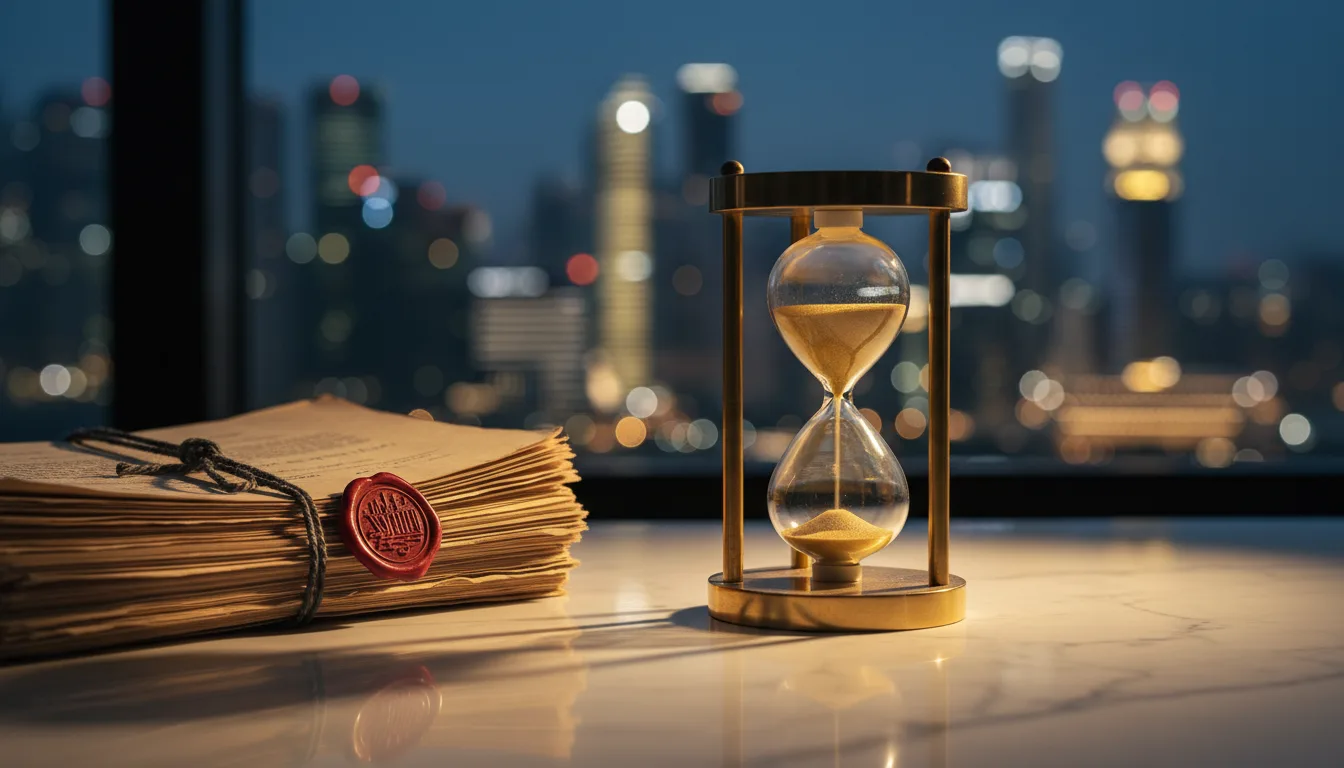 Brass sand timer mid-flow on a polished marble desk next to a stack of legal documents with a deep red wax seal, blurred Singapore CBD skyline at dusk in the background &mdash; SSD Singapore 2025 reset