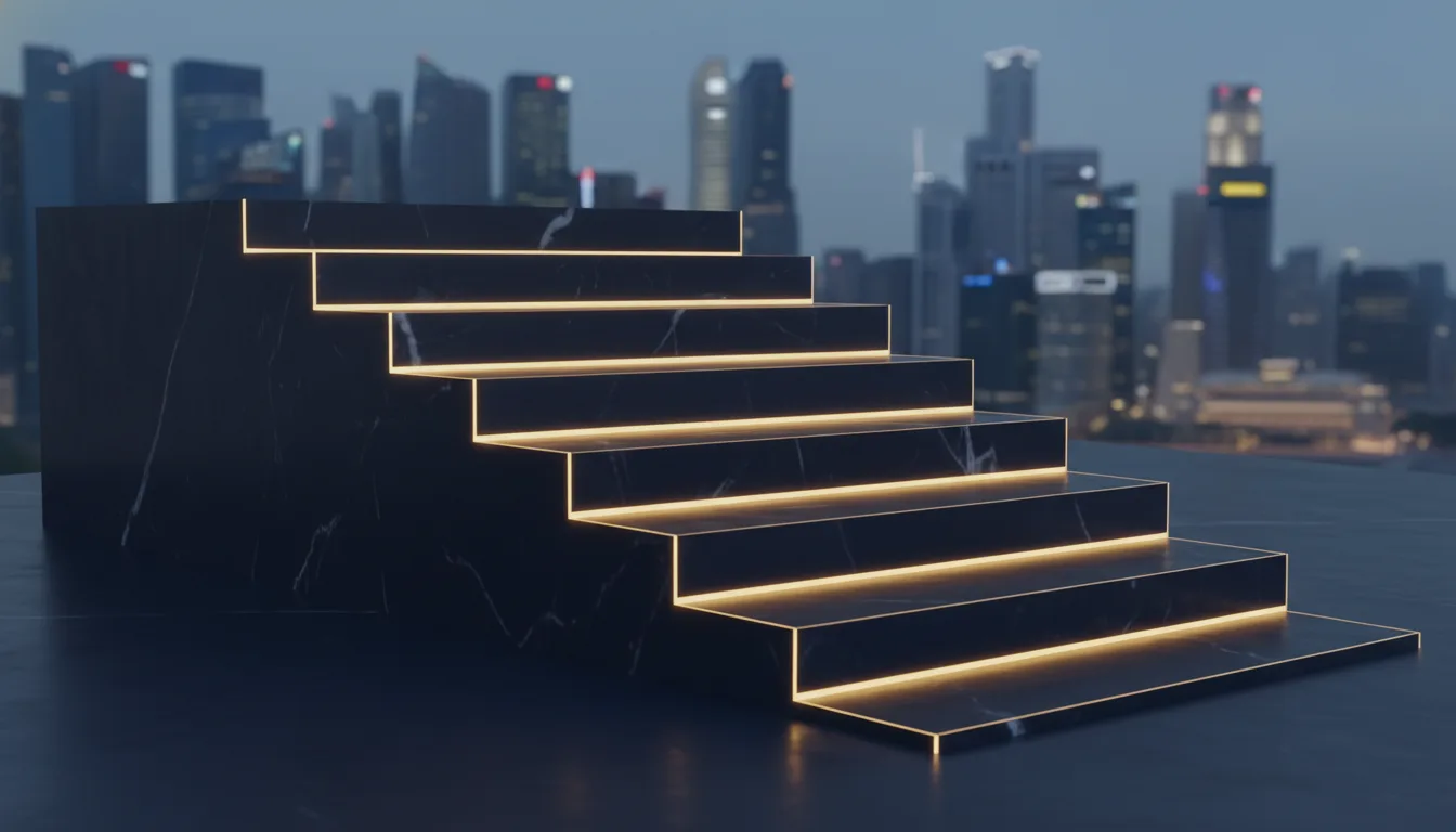 Abstract editorial visualization of a four-step descending staircase in polished navy marble with glowing gold edges, suggesting the four-year SSD declining-rate ladder