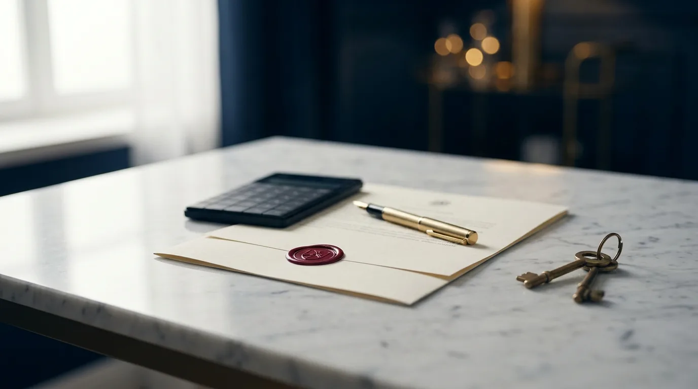 A Singapore property sale document with a red wax seal beside a calculator on a marble desk, representing stamp duty
