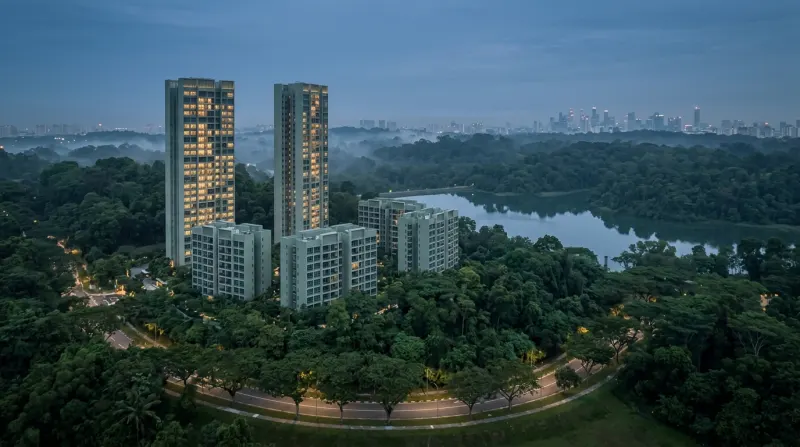 Thomson Reserve at Upper Thomson at twilight, towers on elevated ground surrounded by rainforest and reservoir